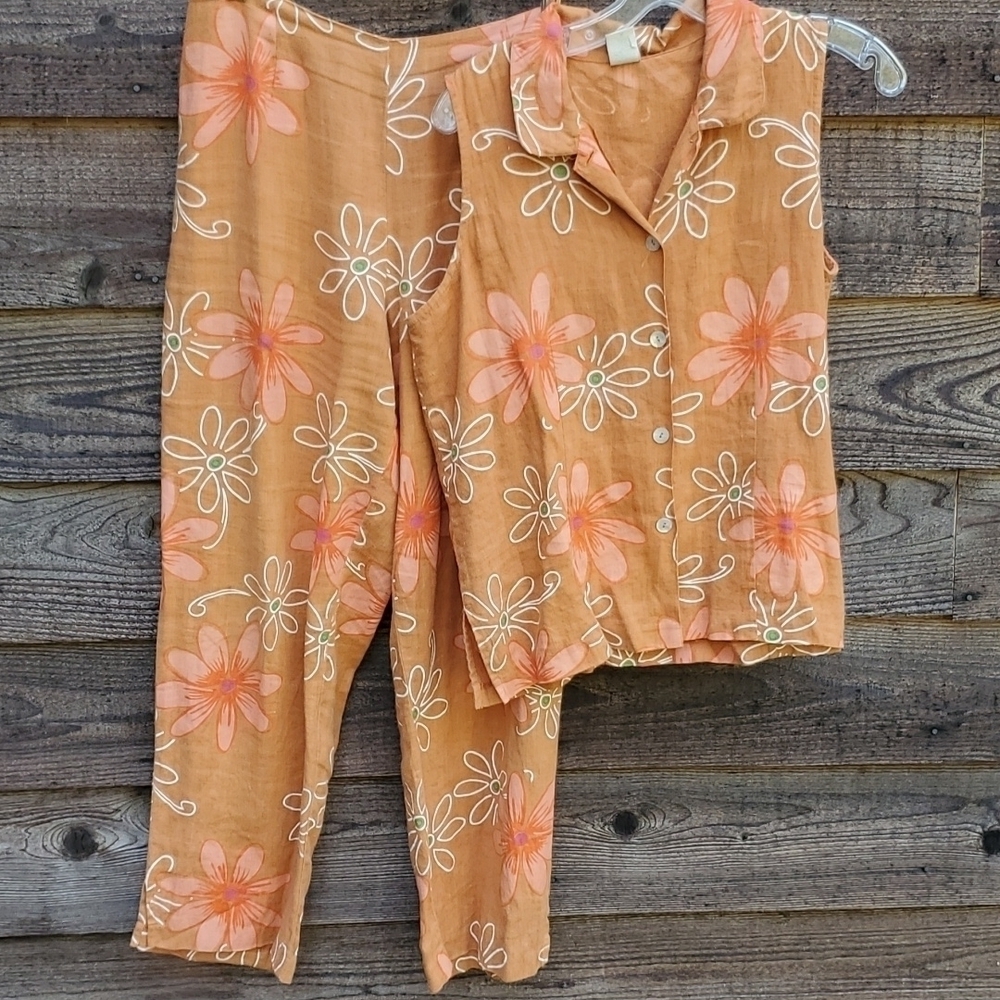 Vintage Linen Flower Power 2pc set Medium top and pants